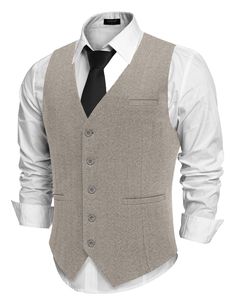 PRICES MAY VARY. 【Business Formal Vest Design】Men's vest is made from high quality material, which is comfortable and soft. Excellent craftmanship, durable and not easy to pill. It's vintage and blended with modern comfort. 【Casual And Elegant Looking】Men's dress vests is designed with V neck, 2 real side pockets,1 real chest pocket, 5-buttons closure, adjustable back strap offers you a more accurate fit. Pockets are sewn on, cut off the thread before use. 【Versatile Suit Vest】Men's business ves Camo Groomsmen Attire, Mens Dress Vests, Business Vest, Mens Vest Fashion, Vest Design, Formal Vest, Slim Fit Suit Men, Mens Waistcoat, Men's Waistcoat