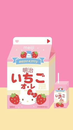 a box of hello kitty strawberry milk next to a carton of strawberries