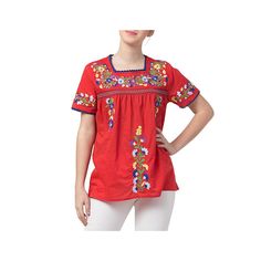 Raj Erina Embroidered Blouse Our Erina blouse is lightweight to keep you cool and comfortable with floral embroidery to add interest and detail to any outfit. Spring Short Sleeve Blouse With Tonal Embroidery, Cotton Blouse With Floral Embroidery And Relaxed Fit, Traditional Floral Embroidered Tops With Relaxed Fit, Traditional Spring Tops With Embroidered Neckline, Spring Tops With Tonal Embroidery And Short Sleeves, Short Sleeve Tops With Tonal Embroidery For Spring, Red Short Sleeve Blouse With Embroidered Neckline, Folk Style Embroidered Top For Spring, Red Embroidered Short Sleeve Top For Spring