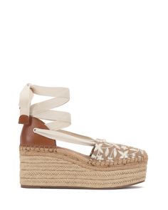 Vince Camuto-Tishea Platform Wedge - A perfect-pitch platform wedge, the Tishea is styled with an almond toe and features a blanket-stitched, braided-jute platform and wraparound ankle laces. Add it to your packing list for a weekend getaway. Size GuideShoe Measurement Guide Fashion Footwear, Boots Heels, Blanket Stitch, Platform Wedge, Light Tan, Platform Wedges, Black Cream, Vince Camuto, Over 50