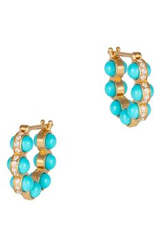 Inspired by the structure of atoms, these hoop earrings feature turquoise stations wrapped in 18-karat gold and diamond pavé. 5/8" hoop diameter Snap-post closure Total diamond weight: 1.80ct. Color: G Clarity: VS1 18k gold/turquoise/diamond Imported >Diamond Guide Turquoise Diamond Earrings, Buccellati Jewelry, Mens Diamond Jewelry, Turquoise Purse, Color Stones Jewelry, Gemstone Brooch, Pave Jewelry, Art Jewelry Design, Fancy Jewellery Designs