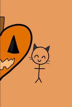 an orange wall with a drawing of a cat and a pumpkin