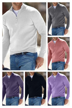 men's sweaters and pullovers in four different colors, from white to purple