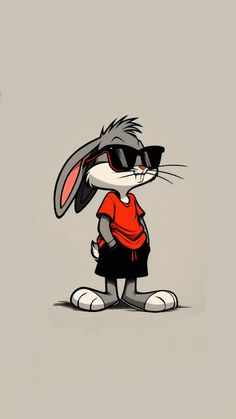 a cartoon rabbit with sunglasses on it's head, wearing a red shirt and black shorts