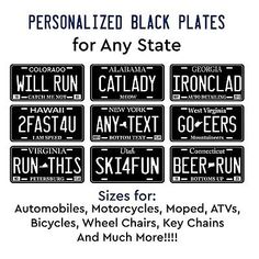 personalized license plates for any state in black and white, with the names of each car