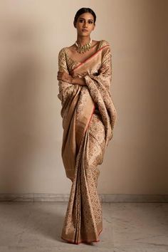 Shop for Priyanka Raajiv Beige Silk Brocade Banarasi Saree for Women Online at Aza Fashions Brocade Banarasi Saree, Banarasi Wedding Saree, Saree Portrait, Beige Silk Saree, Sari Designs, Saree Shoot, Beige Saree, Saree Pose, Ethenic Wear