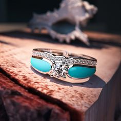 Two-piece Blue Lagoon Turquoise Ring set in S925 sterling silver Engagement Rings Turquoise, Blue Lagoon 2, Ocean Wave Design, Wanna Get Married, Rings Turquoise, Rings For Couples, Turquoise Ocean, Ideas For Jewelry, Mind Heart