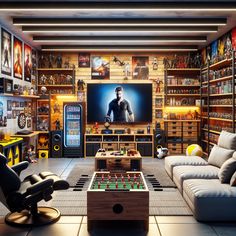 Welcome to an ultimate gaming paradise in a large basement, equipped with high-tech consoles, big screen TV, gaming chair, and a mini fridge. Offers interactive games, cozy seats for guests, and vibrant decor. #GamingBasement #GameRoom #InteractiveEntertainment #HomeArcade #UltimateGameSetup #GamingDecor Basement Transformation, Garage Bar Ideas, Cave Room, Vibrant Decor, Ultimate Man Cave, Man Cave Room, Big Screen Tv, Cozy Seats, Gaming Setups