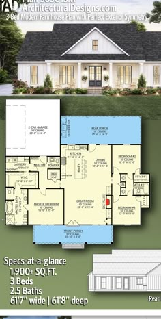 the floor plan for this ranch style home is shown in two different colors and sizes