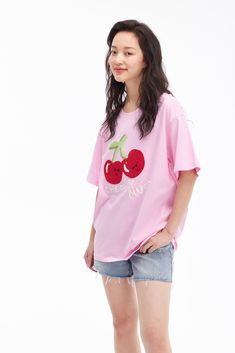 Details: Romantic pink cotton short-sleeved T-shirt Cute cherry print on the chest Round neck, dropped shoulders, ribbed trim Color hem Materials & Care: Cotton 100% Hand wash | Dry clean Do not bleach Size & Fit: Model is 5'7", Bust 32, Waist 24, Hips 35, wearing a size S Item #: WM2TE29 Pink Casual T-shirt For Spring, Spring Loungewear T-shirt With Short Sleeves, Pink Cotton T-shirt With Cherry Print, Spring Short Sleeve Loungewear T-shirt, Casual Pink Short Sleeve T-shirt, Pink Cotton T-shirt For Summer, Casual Pink Cherry Print T-shirt, Cute Oversized T-shirt For Spring, Spring Cotton T-shirt For Loungewear