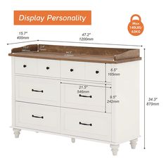 a white dresser with drawers and measurements for the top drawer, bottom drawer and bottom drawer