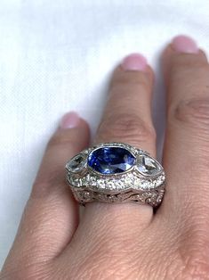 From the exclusive Brittingham Estate Collection with Dear Southern Lady, featured here is an 18k white gold 3 stone sapphire and diamond ring. The Ceylon blue sapphire is 3.76 carats and the two pear shaped diamonds are 1.05 carats. Measuring a size 8, this is a substantial ring but comfortable. A true show stopper. Luxury White Gold Pear-shaped Sapphire Ring, Luxury Blue Pear-shaped Sapphire Ring, Luxury Silver Sapphire Ring With Pear Shape, Luxury Silver Sapphire Ring With Pear-shaped Cut, Luxury Silver Pear-shaped Sapphire Ring, Luxury Pear-shaped Silver Sapphire Ring, Luxury Pear-shaped Sapphire Ring For Anniversary, Ceylon Blue Sapphire, Southern Ladies