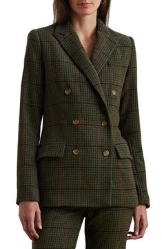 Lauren Ralph Lauren Check Double Breasted Jacket | Nordstrom English Country Fashion, Hunting Outfit, Avengers Oc, Personal Branding Shoot, Shop Outfits, Cream Turtleneck Sweater, Elegant Style Women, Gray Cashmere Sweater, Brown Gloves