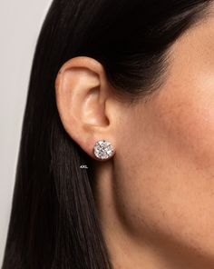 side view of model wearing round illusion diamond studs size 4X Large Diamond Stud Earrings, Round Diamond Earrings, Diamond Ear Cuff, Necklace Length Guide, 3 Carat Diamond, Bracelet Size Chart, Gold Diamond Studs, Kids Rings, Kids Earrings