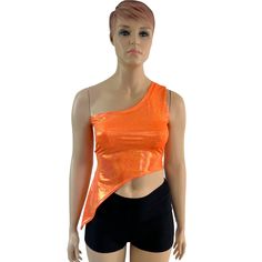 "This top is created in orange sparkly jewel holographic spandex, with a one shoulder neckline and an asymetrical hemline. Made to order, ships out within five days of purchase Womens Sizing (See below for instructions on where measurements should be taken) XXS: Bust 29\"-30\" / Waist 22\"-23\" / Hips 30\"-32\" Extra Small: Bust 31\"-32\" / Waist 24\"-25\" / Hips 33\"-35\" Small: Bust 33\"-34\" / Waist 26\"-28\" / Hips 36\"-37\" Medium: Bust 35\"-37\" /Waist 28\"-31\" / Hips 38\"-40\" Large: Bust 39\"-41\" / Waist 32\"-34\"/ Hips 41\"-43\" Extra Large: Bust 42\"-44\" / Waist 35\"-37\" / Hips 44\"-46\" 2XL: Bust 46\"-48\" / Waist 38\"-42\" / Hips 48\"-50\" 3XL: Bust 50\"-56\" / Waist 44\"-47\" / Hips 52\"-58\" We realize that not everyone will fall into one of these letter sizes. If you nee Stretch One-shoulder Crop Top For Party, Asymmetrical Stretch Crop Top For Party, Asymmetrical Fitted Crop Top For Party, Sleeveless Orange Party Tops, Orange Sleeveless Tops For Party, Party Crop Top With Asymmetrical Neckline, Fitted Crop Top With Asymmetrical Neckline For Party, Asymmetrical Neckline Fitted Crop Top For Party, Asymmetrical Neckline Crop Top For Party