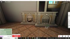 a computer screen shot of a fireplace in a room with columns and pillars on the floor