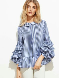 Gingham Fashion, Western Clothes, Peplum Blouse, Blue Gingham, Pan Collar, Peter Pan Collar, Blouse Styles