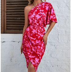 New. Size Large Spring One-shoulder Lined Dress, Floral Print One Shoulder Spring Dress, Spring Floral Print One-shoulder Dress, Fitted One-shoulder Summer Dress, One Shoulder Floral Print Dress For Day Out, One-shoulder Floral Print Dress For Day Out, Spring Off-shoulder Lined Midi Dress, Summer One Shoulder Fitted Midi Dress, One Shoulder Sundress For Party