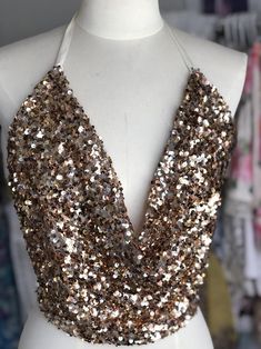 Gold sequin TOP cowl neck backless bronze silver kaftan | Etsy Gold Sequined Evening Crop Top, Fitted Sequin Backless Halter Top, Glamorous Sequined Halter Neck Crop Top, Gold Sleeveless Sequin Top, Gemstone Dress, Sequin Cowl Neck Top, Sparkly Clothes, White Lace Kimono, Bling Top