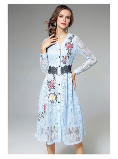 Blue Gray Red V-Neck Hollow Out Floral Embroidered Lace Dress - Uniqistic.com Spring Floral Embroidered V-neck Midi Dress, Spring Floral Embroidery V-neck Midi Dress, Spring Embroidered Long Sleeve Midi Dress, Long Sleeve Embroidered Midi Dress For Spring, Embroidered Long Sleeve Midi Dress For Spring, Spring Lace Midi Dress With Long Sleeves, Spring Long Sleeve Lace Midi Dress, Blue Floral Embroidered V-neck Midi Dress, Embroidered Long Sleeve Midi Dress