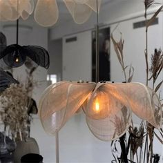 a light that is hanging from the ceiling in a room with plants and other things