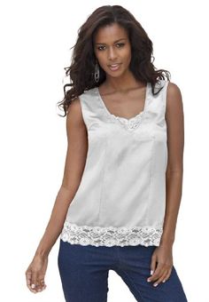 Polyester satin. Machine wash. Imported. By denim 24/7® Lace trim at v-neckline inset and hem About 25" from shoulder Plus size camesoles, tank tops - satin camisole by denim 24/7, sizes 12W to 32W Classic Feminine Style, Classic Elegant Style, Men With Long Hair, Satin Camisole, Classic Feminine, Wardrobe Tips, Keep Calm And Love