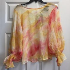 Brand New Know.One.Cares Sheer Top Size-Sm Flowy Yellow Blouse For Day Out, Flowy Yellow Tops For Spring, Casual Flowy Yellow Blouse, Yellow Flowy Casual Blouse, Yellow Flowy Summer Blouse, Yellow Flowy Blouse For Summer, Yellow Tops For Spring Vacation, Flowy Yellow Casual Blouse, Flowy Yellow Blouse For Summer