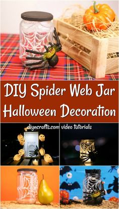 spider web jar halloween decoration with pumpkins and other decorations in the bottom left hand corner