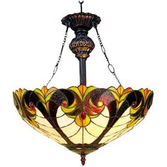 a stained glass chandelier hanging from a ceiling fixture with two lights on it