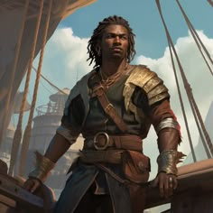 a man with dreadlocks standing next to a boat