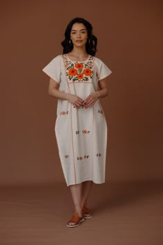 MARGARITA HUIPIL / TANGERINE Mexico Vibes Outfits, Traditional Latin American Clothes, Mexican Look Outfits, Traditional Mexican Dress Jalisco, Mexican Traditional Clothing Women, Puerto Rican Culture Outfits, Summer Peasant Embroidered Dress With Geometric Patterns, Spring Folk Style Cotton Embroidered Dress, Summer Peasant Dress With Geometric Embroidery