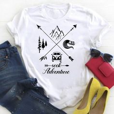 Seek Adventure Hiking Outdoors Camping Soft Graphic Tee Shirt High-Quality Bella Canvas Tee Shirt 100% Super Soft Airlume Combed Ring-Spun Cotton Handmade And Shipped Within 1 Day! Funny Sarcastic Present Gift Girlfriend Sister Fiance Engagement Comfortable Loungewear Casual Tshirt Vacation Outdoors Hiking Vanlife Mountains Sea Ocean Beach Arrow Mountains Trees Waves Casual Blouse Shirts, Casual Tshirt, Soft Graphic, Seek Adventure, Comfortable Loungewear, Adventure Hiking, Gift Girlfriend, Graphic Tee Shirt, Bella Canvas Tees