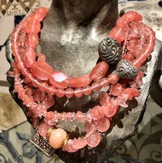 "These are four stunning cherry quartz necklaces in different cuts worn together to create a stunning, boho, statement look. These necklace will work for everyday or with an evening dress. Worn all together or separately. Dimensions: length 16\" -20\" + 32\" long necklace wrapped twice or can be worn as a wrap bracelet too. (including clasp) extender- can be added by request *If, for any reason, you are not completely satisfied, please contact me so we can try to work out the problem. Shipping I Jewelry 101, Realistic Wishlist, Easy Bracelet, Necklace Stacking, Evening Necklace, Queens Jewels, Creative Necklace, Necklaces Statement, Cherry Quartz