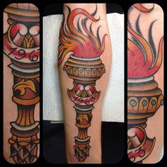 three different tattoos on the legs of people, one with a torch and another with a skull