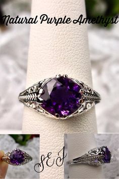 Amethyst Ring/ Solid Sterling Silver / 2ct Simulated Purple | Etsy Elegant Purple Amethyst Ring With Intricate Design, Purple Amethyst Ring With Intricate Design, Purple Anniversary Rings With Intricate Design, Purple Amethyst Promise Ring With Intricate Design, Purple Amethyst Ring With Intricate Design For Promise, Purple Amethyst Ring With Filigree, Antique Purple Amethyst Ring With Accent Stones, Fine Jewelry Amethyst Ring With Intricate Design For Wedding, Elegant Purple Amethyst Ring With Filigree