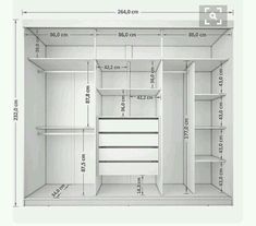 an open closet with measurements for the door and shelves on each side, including two drawers