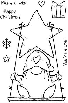 a black and white drawing of a christmas star with presents in the corner, on top of