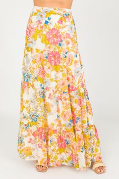 Blooming Chiffon Maxi Skirt - Sale - The Blue Door Boutique Maxi Skirt Pattern, Meeting Outfit, Floral Print Maxi Skirt, Floral Print Midi Skirt, Chiffon Maxi Skirt, Derby Dress, Tiered Maxi Skirt, White And Orange, Vibrant Flowers