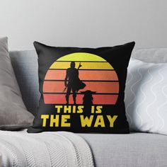 this is the way sunset with silhouette of man and dog on black background throw pillow