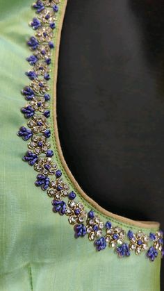 Green Blue Blouse Design, French Knot Embroidery Blouse, French Knot Aari Work Blouse, Blue Work Blouse, Green Blouse Designs, Pink Blouse Designs, Latest Bridal Blouse Designs