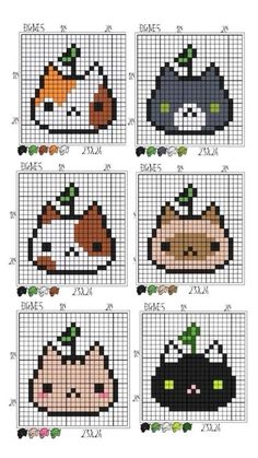 four cross stitch pictures with cats and pumpkins on them