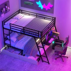 a bunk bed is lit up with purple lights in the corner, and it's built - in desk underneath