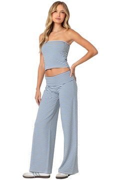 Enjoy all the maximums—ease, comfort and style—in these knit pants designed with a fold-over waistband and fun-forward horizontal stripes. Pull-on style 45% cotton, 45% polyester, 10% spandex Machine wash, dry flat Imported Fold Over Pants, Knit Trousers, Visionary Fashion, Pacsun Pants, Summer Pants Women, Summer Pants, Horizontal Stripes, Pants Design, Green And Khaki