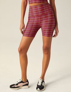 Pink Gingham SoftMark Keep Pace Biker Short | Beyond Yoga Athleisure Shorts For Fall, Fall Athleisure Shorts, Sporty Shorts For Fall, Sporty Fall Shorts, Fitted Biker Shorts For Fall, Fall Fitted Biker Shorts, Stretch Biker Shorts For Fall, Sporty Fitted Shorts For Fall, Casual Biker Shorts For Fall