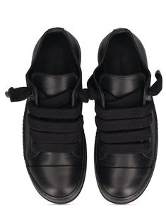 Rick Owens Mainline Low-Top Jumbo Lace Ramones Sneakers Designer's ID: RU01D3893-LCOW2 RICK OWENS Low Jumbo lace sneakers coming of the SS24 LIDO Collection, Jumbo Laced Low Sneaks! These sleek kicks boast a design that's both stylish and functional. Crafted from mediumweight full grain calf leather, they offer durability and a luxurious feel. With their under-ankle height, eyelets, and jumbo laces, these sneakers exude urban sophistication. Plus, the toe caps and shark-tooth soles add an edgy touch. Specifically tanned for shoes, this leather features an abrasion-resistant finish, ensuring longevity and style that lasts. Color: Black Composition: Leather Made in ITALY Leather Low-top Lace-up Shoes With Elastic Laces, Leather Sneakers With Round Toe And Lacing, Leather Sneakers With Round Toe And Lace-up Fastening, Leather Sneakers With Lacing And Round Toe, Leather Low-top Lace-up Shoes With Studded Outsoles, Leather High-top Lace-up Sneakers, Leather Sneakers With Elastic Laces, Leather Lace-up Sneakers With Elastic Laces, Leather High-top Sneakers With Elastic Laces