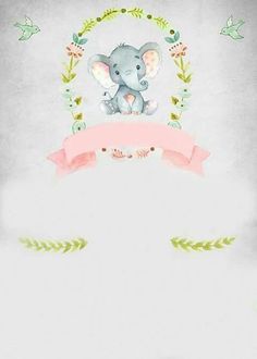 an elephant is sitting in the middle of a banner with flowers and leaves around it