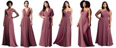 four different views of a woman in a long purple dress with her hands on her hips