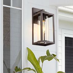 an outdoor light hanging from the side of a house next to a potted plant