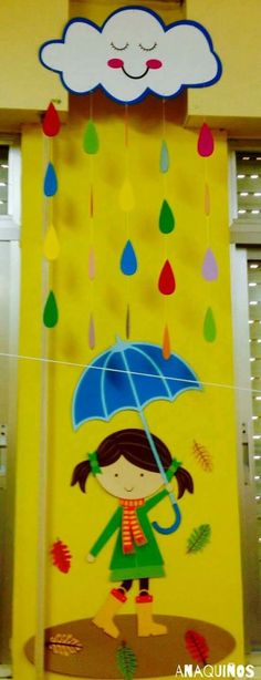 a child holding an umbrella in front of a yellow wall with clouds and raindrops