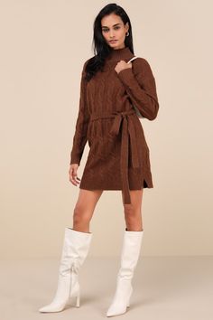 Bundling up for the season has never looked so fabulous thanks to the Lulus Warmed Up To You Brown Cable Knit Mock Neck Sweater Dress! Thick, cozy wool-blend cable knit (with a subtle marled effect throughout) shapes a mock neckline, long sleeves, and a relaxed bodice. The shift silhouette falls to a cute mini hem and features a tying belt that allows you to cinch the waist. Contrasting ribbed knit accents the neckline, cuffs, and hem. Fit: This garment fits true to size. Length: Mid-thigh. Size Gizele Oliveira, Mock Neck Sweater Dress, Cable Knit Dress, Mock Neckline, Mock Neck Sweater, Large Size Dresses, Mock Neck, Cable Knit, Apparel Accessories